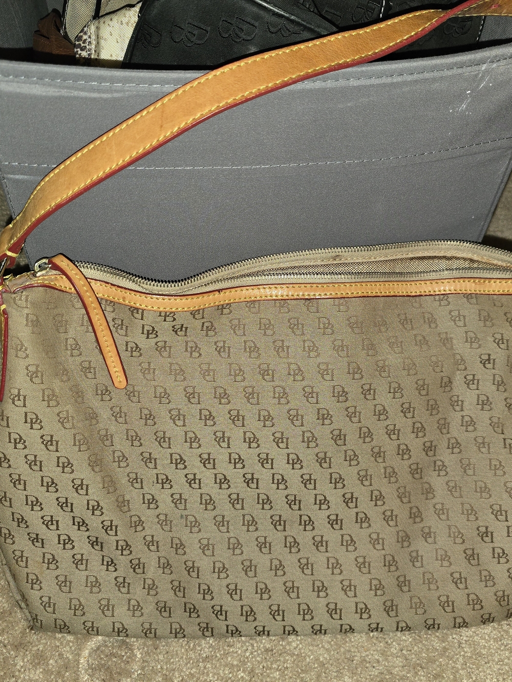 Dooney & Bourke Beige Canvas Interior with Tan Leather Trim